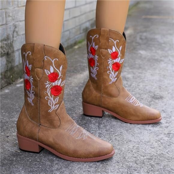 NWT Multiple Sizes Stylish Women's Embroidered Cowboy Boots Red Floral Design - Picture 6 of 9